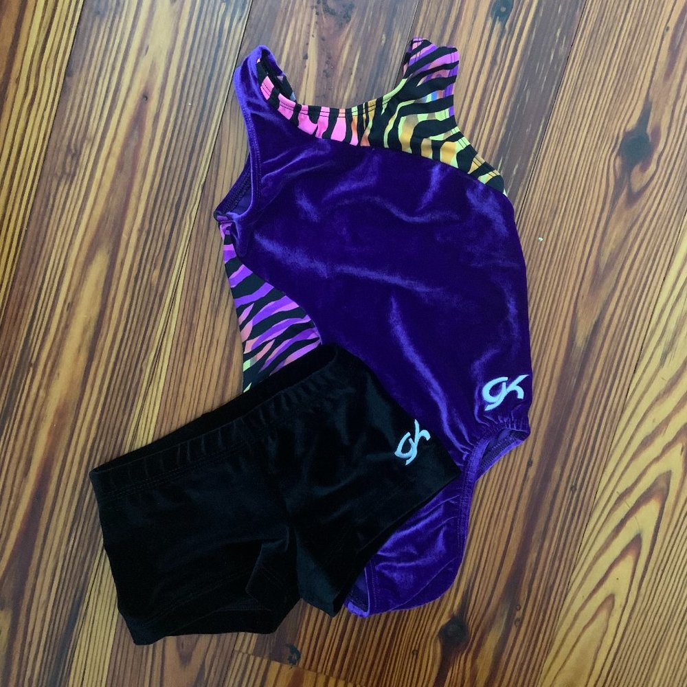 GK Elite purple leotard and black velvet short size Child Medium